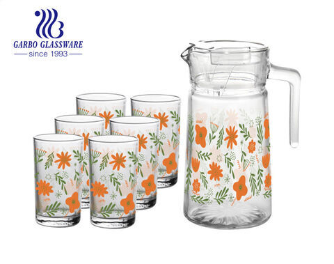 Ensemble de 7 pichets en verre de 1 litre avec gobelet en verre de 200 ml avec décalque de fleurs