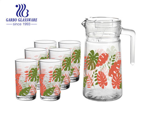 7 pcs set 1L glass pitcher set with 200ml glass tumbler with flower decal