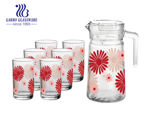 7 pcs set 1L glass pitcher set with 200ml glass tumbler with flower decal
