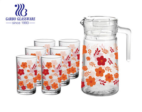 7 pcs set 1L glass pitcher set with 200ml glass tumbler with flower decal