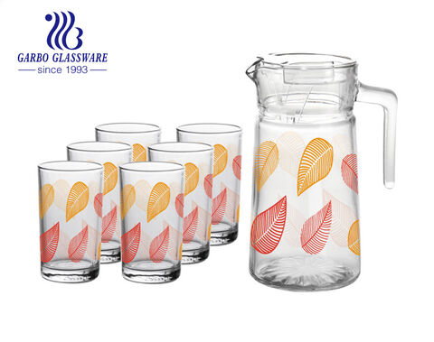 7 pcs set 1L glass pitcher set with 200ml glass tumbler with flower decal