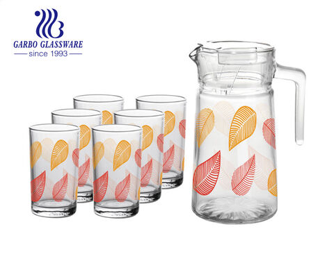 Elegant flower decal design glass pitcher set with tumbler for water iced tea,Lemonade