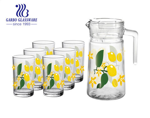 Ensemble de pichet en verre élégant avec décalcomanie de fleurs avec gobelet pour thé glacé à l'eau, limonade