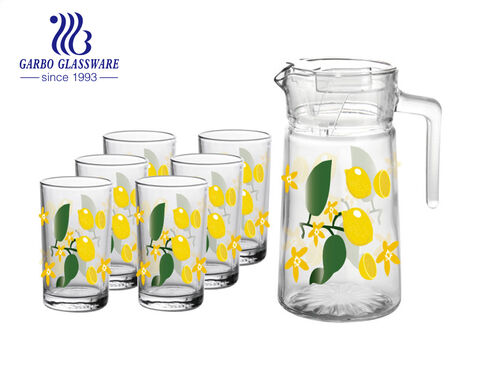 Elegant flower decal design glass pitcher set with tumbler for water iced tea,Lemonade