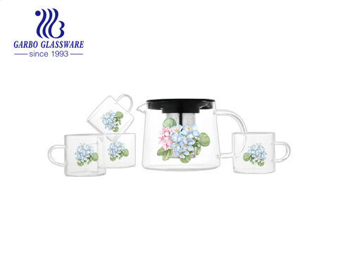 Customized designs borosilicate glass tea pot set tea kettle infuser glass cup with handle 