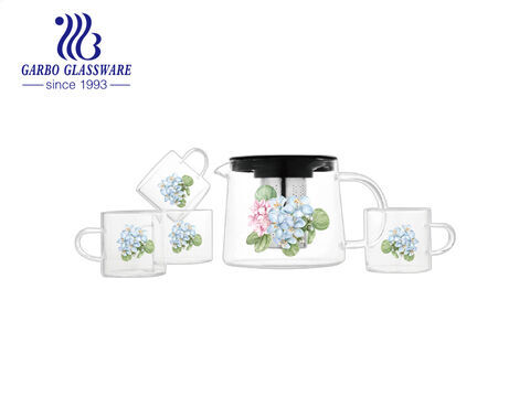 Juego de tetera de vidrio de borosilicato con diseños personalizados, infusor de tetera, taza de vidrio con asa