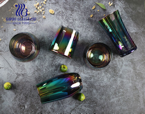 Machine-blown different sizes metal design colored ion-plating glass water drinking cup for home bar use