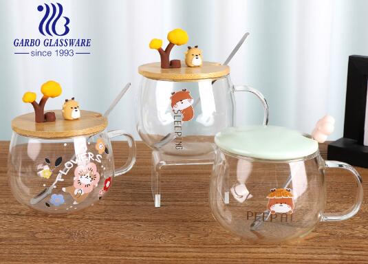 Decorative Borosilicate Glass Cups with Ceramic Lid& Stainless Steel Spoon