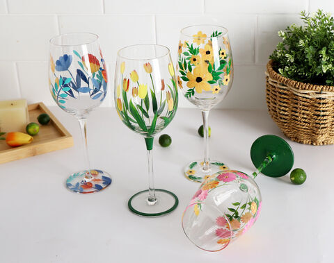 Gift Order High White Clear Wine Glass Cup with Hand Painted Pattern