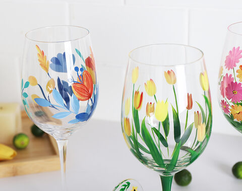 Gift Order High White Clear Wine Glass Cup with Hand Painted Pattern