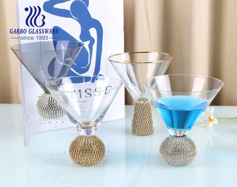 Elegant gold rim cocktail glass with rhinestone diamond studded ion plating grey color martini glass