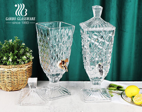 High-white embossed glass beverage juice dispenser with engraved diamond pattern stopcock crystal like lid for home hotel use