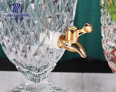 High-white embossed glass beverage juice dispenser with engraved diamond pattern stopcock crystal like lid for home hotel use