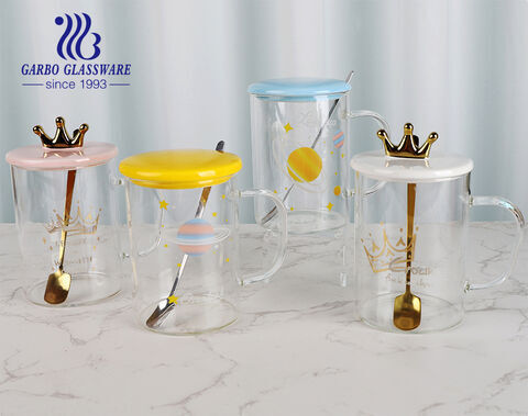 480 ml süßes Design 1-teiliges Set hoher Borosilikatglasbecher mit Keramikdeckel und Löffel