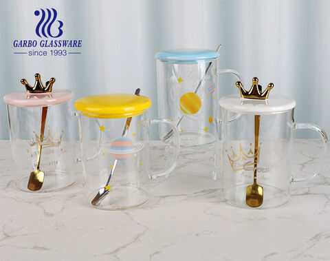 480ml cute design 1 pc set high borosilicate glass mug with ceramic lid and spoon