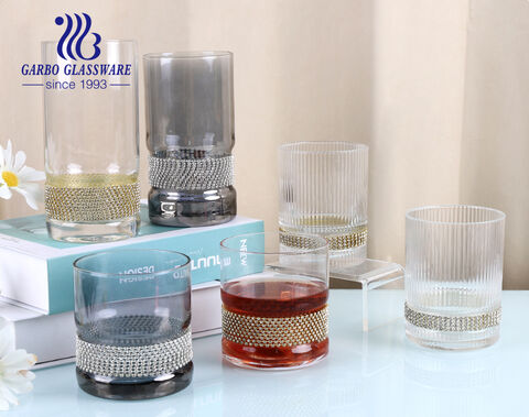 Crystal glass cups with rhinestone diamond studded gold highball wine glass cups