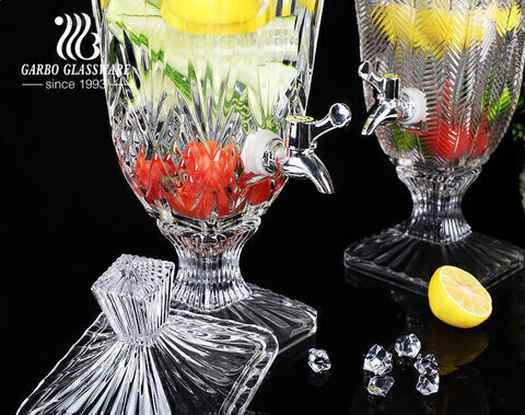 High-white Machine-made Embossed Glass Beverage Juice  Beer Wine Dispenser with Engraved Leaf Design for Bar Home