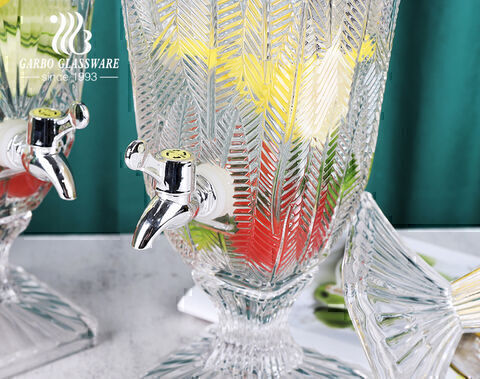 High-white Machine-made Embossed Glass Beverage Juice  Beer Wine Dispenser with Engraved Leaf Design for Bar Home