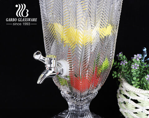 High-white Machine-made Embossed Glass Beverage Juice  Beer Wine Dispenser with Engraved Leaf Design for Bar Home