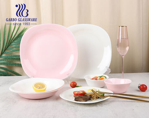 Elegant white and pink color glass plate with square shape design
