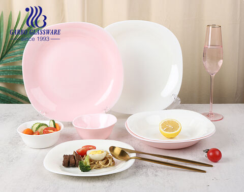 Elegant white and pink color glass plate with square shape design