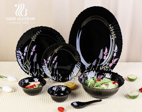 Luxuriöses und klassisches 33-teiliges Geschirrset aus schwarzem Opalglas mit Aufkleberdesign