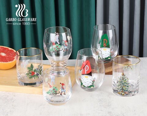 Weihnachtliches Design Weinglas ohne Stiel benutzerdefinierte Abziehbilder Goldrand Glasbecher