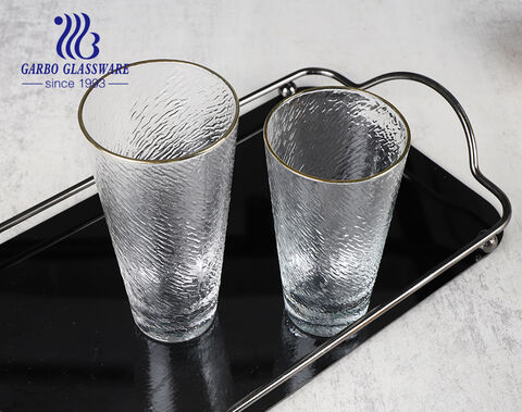 12.5 OZ Fashion Golden Rim Glasses Drinkware Short V shape Emboss Glass Tumblers 