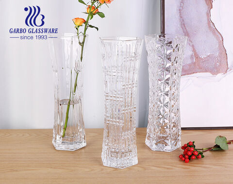 Vaso in vetro classico dal design inciso in stock per la decorazione domestica Vasi di fiori in vetro europei