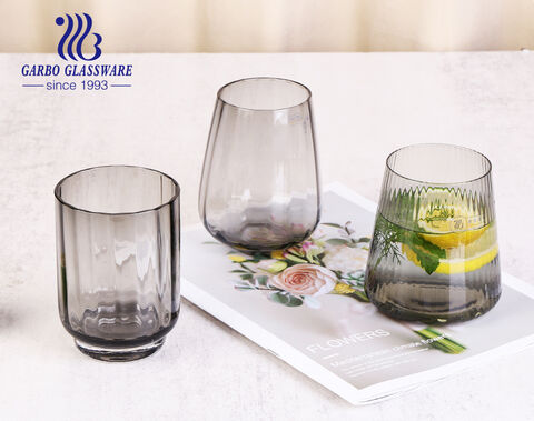 High quality solid colored gray glass drinking cup with engraved strip design