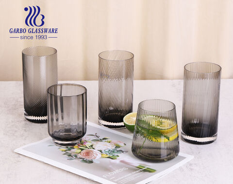 High quality solid colored gray glass drinking cup with engraved strip design