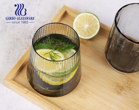 High quality solid colored gray glass drinking cup with engraved strip design