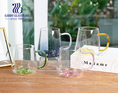 Heat resistant single wall glass cups 430ml handled volcano bottom shape colored glass mugs