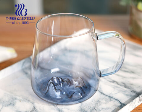 Heat resistant single wall glass cups 430ml handled volcano bottom shape colored glass mugs