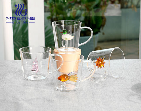 Multi sizes borosilicate glass coffee and tea mugs with handmade craft cartoon figures