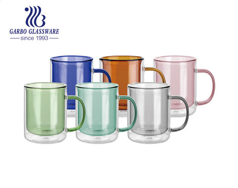 Tazas de doble pared de vidrio de borosilicato de color ámbar interior aptas para lavavajillas de 260 ml