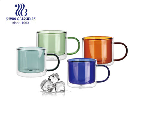 Tazas de doble pared de vidrio de borosilicato de color ámbar interior aptas para lavavajillas de 260 ml