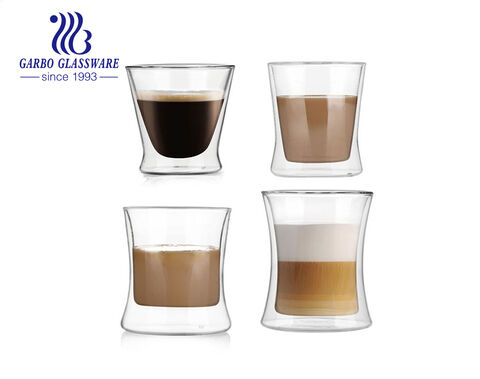 Taza de café de vidrio de doble pared de borosilicato alto en forma de U de 200 ml, 220 ml, 300 ml