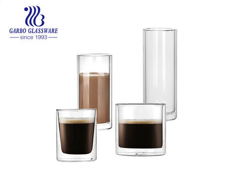 Korea style straight long drink design double wall glass coffee cups