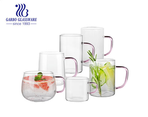 Durable high bososilicate single wall glass tea cups pink colored handle glass mugs