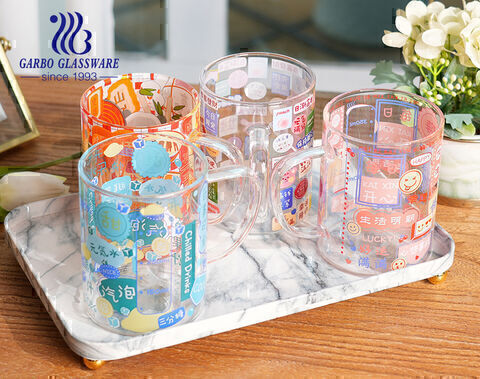 High borosilicate single wall customized decal festival promotion glass coffee tea mug