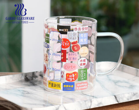 High borosilicate single wall customized decal festival promotion glass coffee tea mug