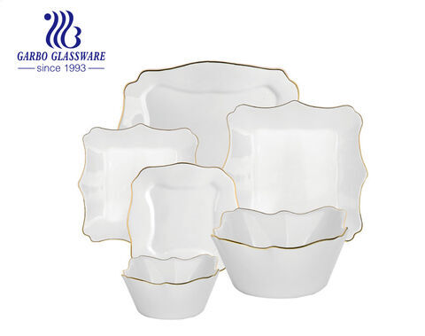 26PCS Square white opal glass dinnerware set with gold rim for 6 people 