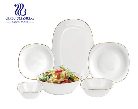 Service de vaisselle carré en verre opale blanc 26PCS avec bord doré pour 6 personnes