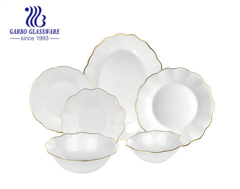 Service de vaisselle carré en verre opale blanc 26PCS avec bord doré pour 6 personnes
