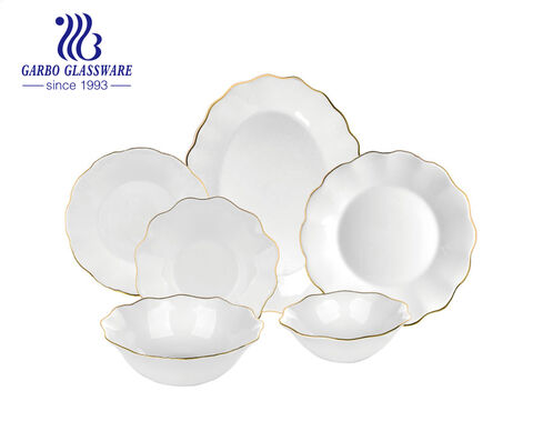 26PCS Square white opal glass dinnerware set with gold rim for 6 people 