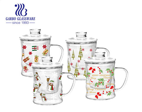 370ML double wall borosilicate glass coffee tea mug with Christmas prints