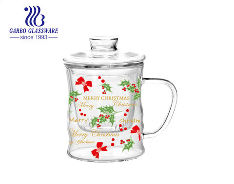 Taza de té de café de vidrio de borosilicato de doble pared de 370ML con estampados navideños