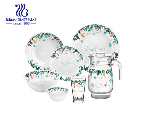 Décalcomanie de Noël Ensemble de cruche en verre transparent Ensemble de vaisselle en verre opale avec assiette et bol