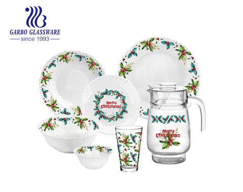 Décalcomanie de Noël Ensemble de cruche en verre transparent Ensemble de vaisselle en verre opale avec assiette et bol